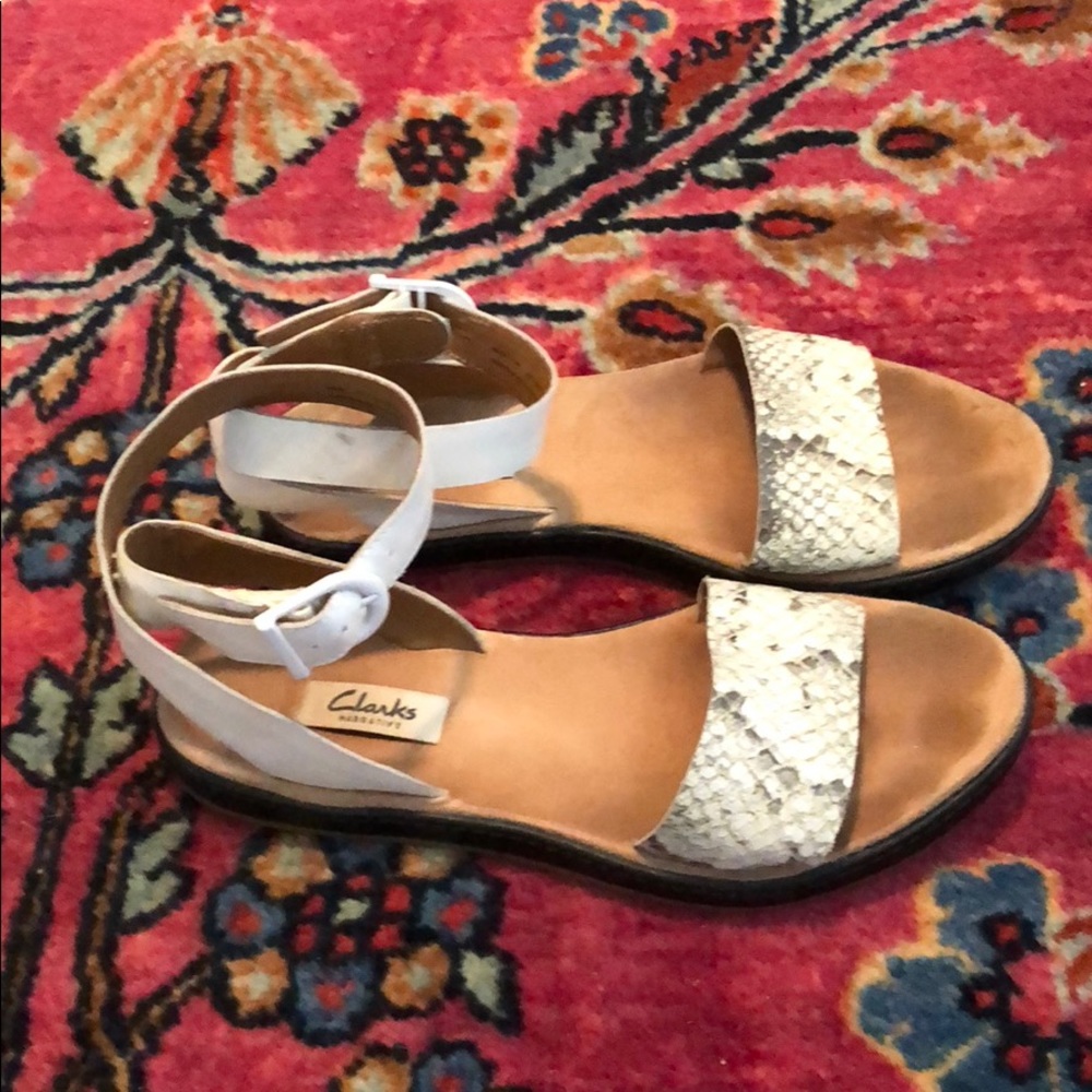Clark’s ankle wrap white snakeskin motif sandals
